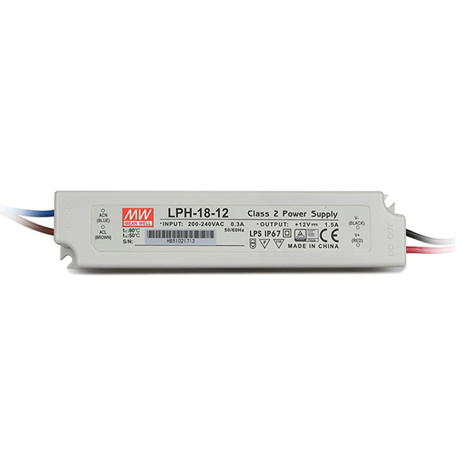 LPH-18-12 18Watt AC180~264V Input Mean Well High-efficacy Waterproof Constant Voltage DC12V UL-Listed LED Display Lighting Power Supply